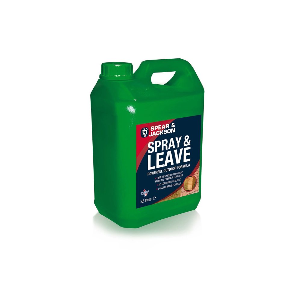 Green plastic container with a handle, featuring a blue and red label that reads "SPRAY & LEAVE" and "Spear & Jackson," designed for removing mould, algae, and moss, 2.5 litres.
