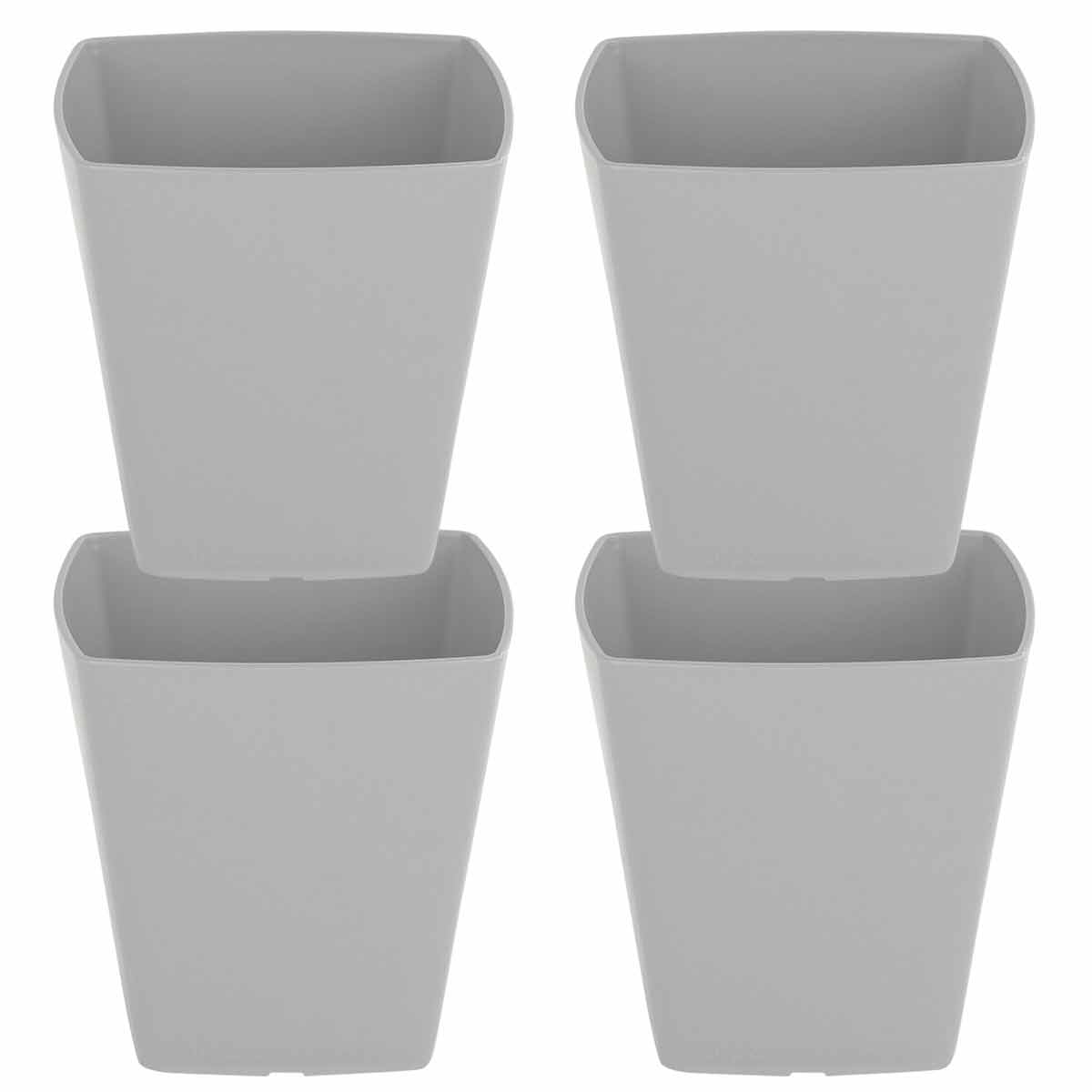 Set of four 14cm square planters in a sleek grey color, made from durable plastic with a modern design and slightly tapered edges.