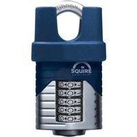 Blue and silver Squire VULCAN COMBI 60CS padlock with closed boron shackle and four-digit combination dial.