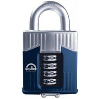 Blue and silver Squire WARRIOR COMBI 55 padlock with open shackle and four-digit combination dial.