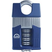 Blue and silver Squire WARRIOR COMBI 55C high-security padlock with closed shackle and four-digit combination.