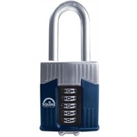 Blue and silver Squire Warrior combination padlock with long shackle and four-digit dial.