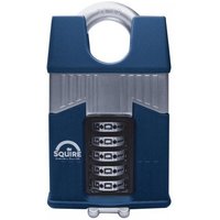 Blue and silver Squire Warrior high-security padlock with closed shackle and four-digit combination dials.