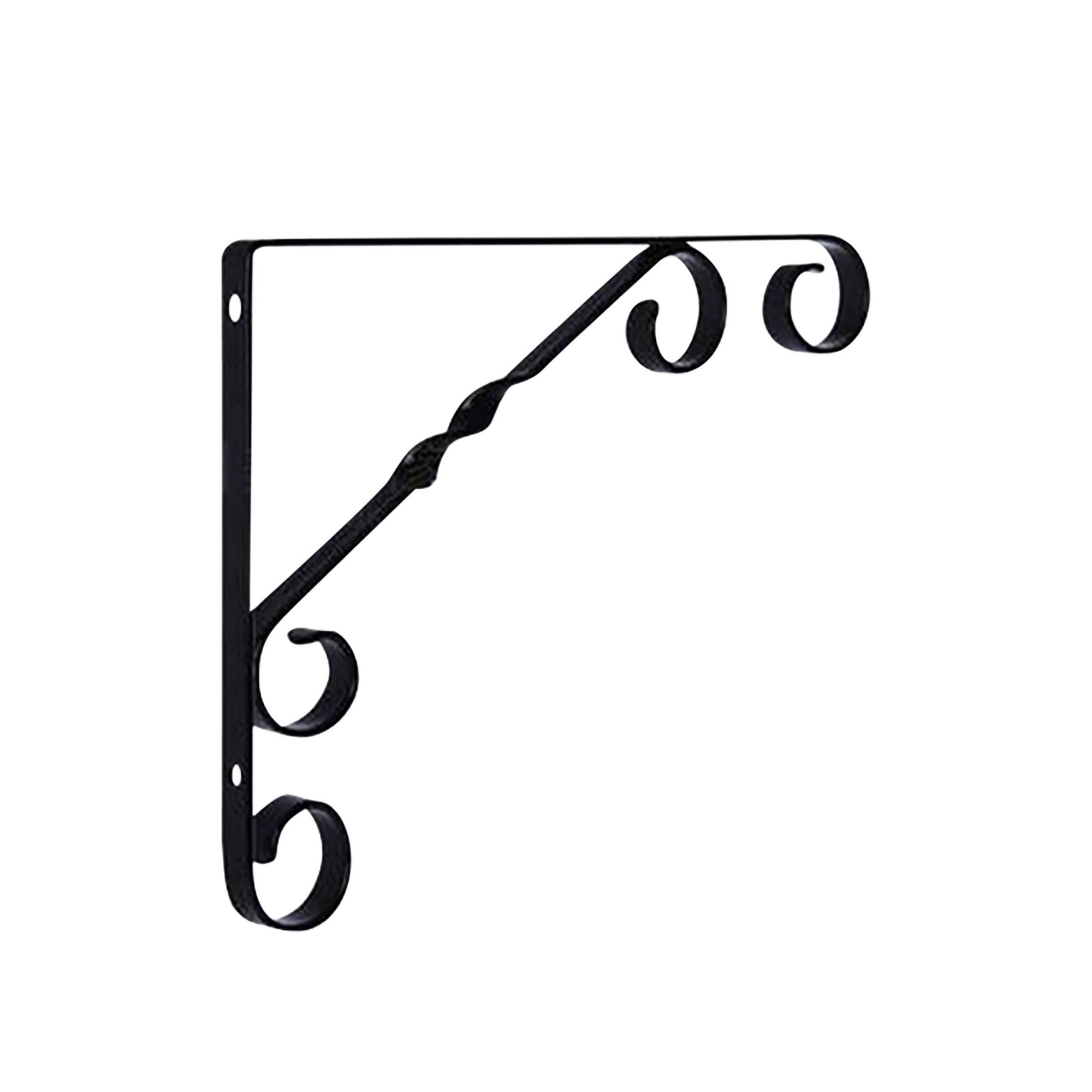 Black metal shelf mount bracket with a decorative twist design and three curved ends, suitable for supporting shelves, sold in a two-pack by Wilko.