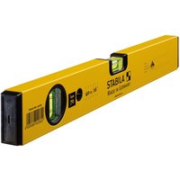 Yellow Stabila spirit level, 40cm, with two vials and black end caps.