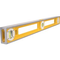 Yellow Stabila level with three vials, silver edges, and double plumb design, 100cm length.