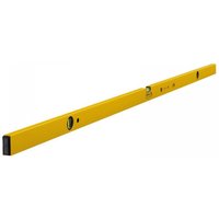 Yellow Stabila spirit level, 180cm, with three vials and black end caps.