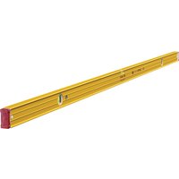 Yellow Stabila spirit level with three vials, red end caps, and 183cm length.