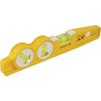 Yellow Stabila torpedo level with rare earth magnets, three vials, and ergonomic grip, 25cm length.