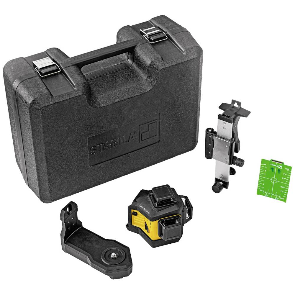 Black hard case with metal latches, containing a yellow and black multi-line laser level, a mounting bracket, and a green measuring tool.