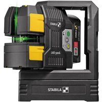 Black and yellow Stabila laser level with green cross line and plumb point, featuring a sturdy base and control panel.