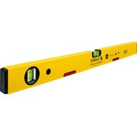 Yellow Stabila 70-M magnetic spirit level with two bubble vials and red magnetic strips.