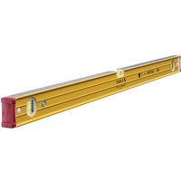 Yellow Stabila 96-2 spirit level with red end caps and two bubble vials for horizontal and vertical leveling.