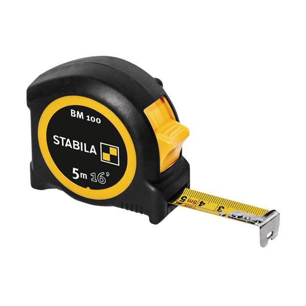 Compact black and yellow Stabila BM 100 tape measure, featuring a 3m/10ft length, 19mm width, and a sturdy casing with a retractable metal tape.