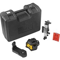 Black and yellow Stabila cordless laser level with hard case, mounting bracket, and red target plate.