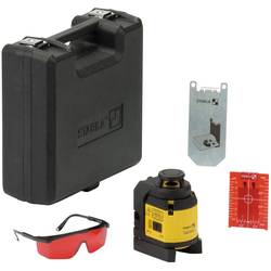Black carrying case containing a yellow and black Stabila 18702 LAX 400 self-levelling multi-line laser, along with a mounting bracket, glasses, and a target card.