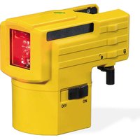 Yellow Stabila LAX50 self-levelling laser level with red laser beam and black control switch.