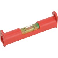 Red Stabila line level with a central bubble vial and protective end caps.