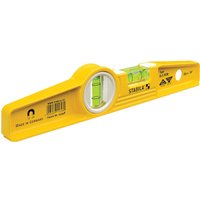 Yellow Stabila torpedo spirit level with rare earth magnets and two green vials for horizontal and vertical leveling.