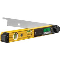 Yellow Stabila Tech 700 DA digital angle finder with LCD screen, spirit level, and adjustable metal arm.