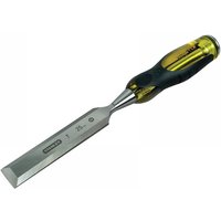 Stanley Fatmax bevel edge chisel with thru tang, 25mm blade, black and yellow handle with metal strike cap.