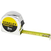 Stanley Powerlock 3m tape measure, silver casing with yellow and black label, extended yellow tape.