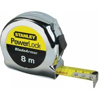 Silver Stanley Powerlock tape measure with yellow and black label, 8m length, 25mm width, extended yellow blade.