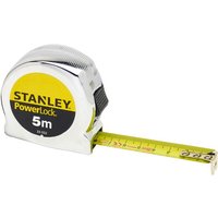 Stanley Powerlock 5m tape measure, silver case, yellow tape, black and yellow branding, metric markings.