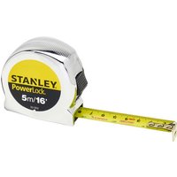 Stanley Powerlock tape measure 5M/16Ft, silver casing, yellow and black label, yellow tape with black markings