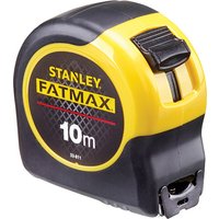 Yellow and black Stanley Fatmax tape measure, 10m length, 32mm width, with Bladearmor coating and ergonomic design.
