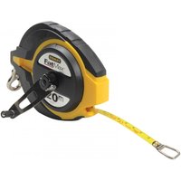 Yellow and black Stanley Fatmax closed case steel tape measure, 20m length, 10mm width, with metal hook.