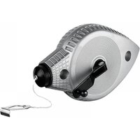Stanley Chalkomatic 30M silver chalk line reel with black winding handle and clip.