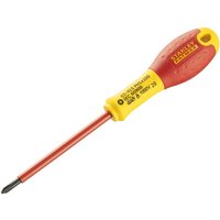 Red and yellow Stanley insulated screwdriver with Phillips tip, ergonomic handle, and 100mm shaft.