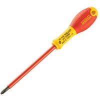 Red and yellow Stanley insulated screwdriver with Phillips tip, ergonomic handle, and 125mm shaft.