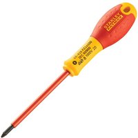 Stanley Fatmax VDE insulated screwdriver with red handle, yellow accents, and Pozidriv tip PZ1 x 100mm.