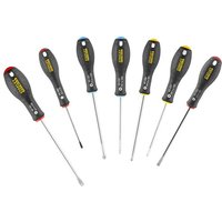Stanley Fatmax 7-piece screwdriver set with black ergonomic handles and color-coded tips for easy identification.