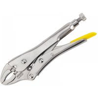 Stanley curved jaw locking pliers, 225mm, silver metal with yellow rubber grip on handle.