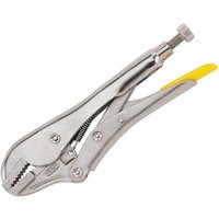 Silver Stanley straight jaw locking pliers, 225mm, with yellow rubber grip handle and adjustable screw knob.