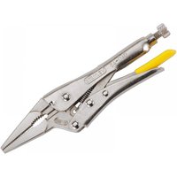 Stanley long nose locking pliers, 215mm, silver with yellow handle grip and adjustable screw.