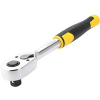 Stanley 1/2" drive ratchet with 72-tooth mechanism, silver head, black and yellow handle, quick release button.