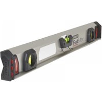 Silver Stanley Fatmax I-Beam magnetic level with three vials and red end caps, 120cm length.