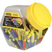Stanley tub of 72 mini fine tip markers in mixed colors with yellow lid and label showing marker colors and brand logo.
