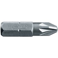 Stanley Pozidriv Pz1 bit, 25mm, silver steel with hexagonal base and cross-shaped tip, engraved logo.
