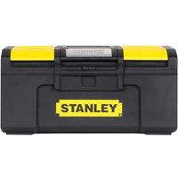 Black and yellow Stanley toolbox with one-touch latch and sturdy handle, 41cm length, branded logo on the front.