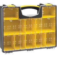 Black and yellow Stanley deep organiser with 8 clear compartments and a sturdy black handle.