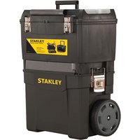 Black Stanley® mobile work centre with yellow logo, two compartments, metal latches, and large wheels.