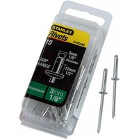 Stanley aluminium rivets pack, 3x12mm, 15 pieces, silver color, clear plastic packaging with yellow and black label.
