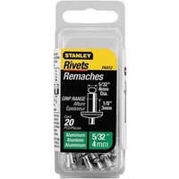Stanley aluminium rivets pack, 20 short 4x3mm, silver with black and yellow packaging, clear plastic case.