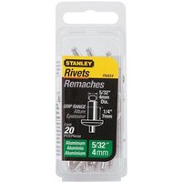 Stanley aluminium rivets 4x7mm, pack of 20, in clear plastic packaging with yellow and black branding.