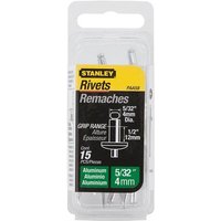 Stanley aluminium rivets pack of 15, silver, 4x12mm, in clear plastic packaging with yellow and black label.